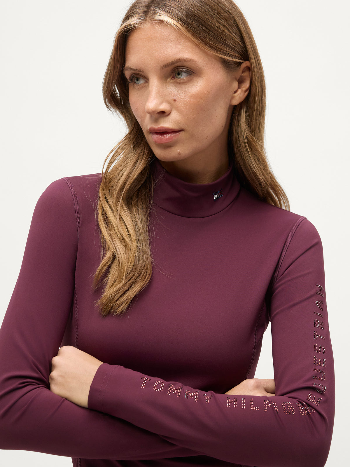 Amelie Women Rhinestone High Neck Baselayer Deep Burgundy