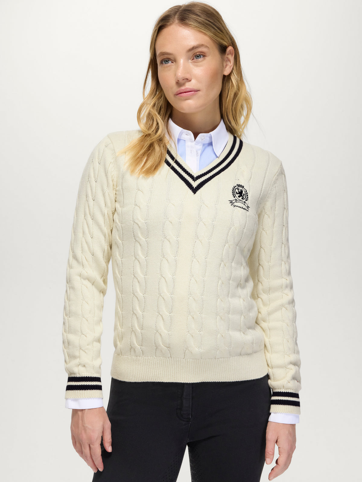 Roseville Women Cable V-neck Sweater ECRU