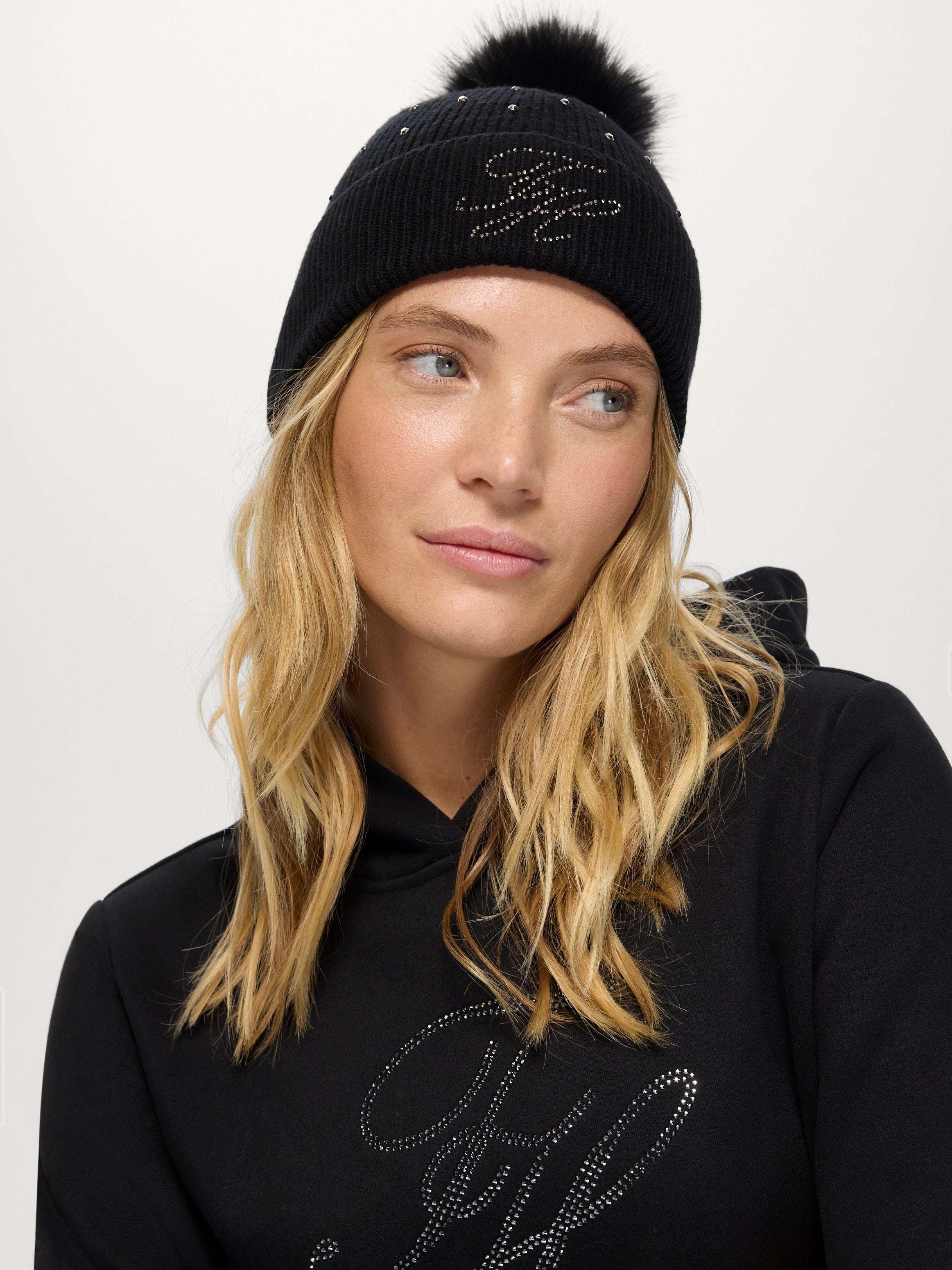 Daly Women Rhinestone Pom Pom Beanie BLACK