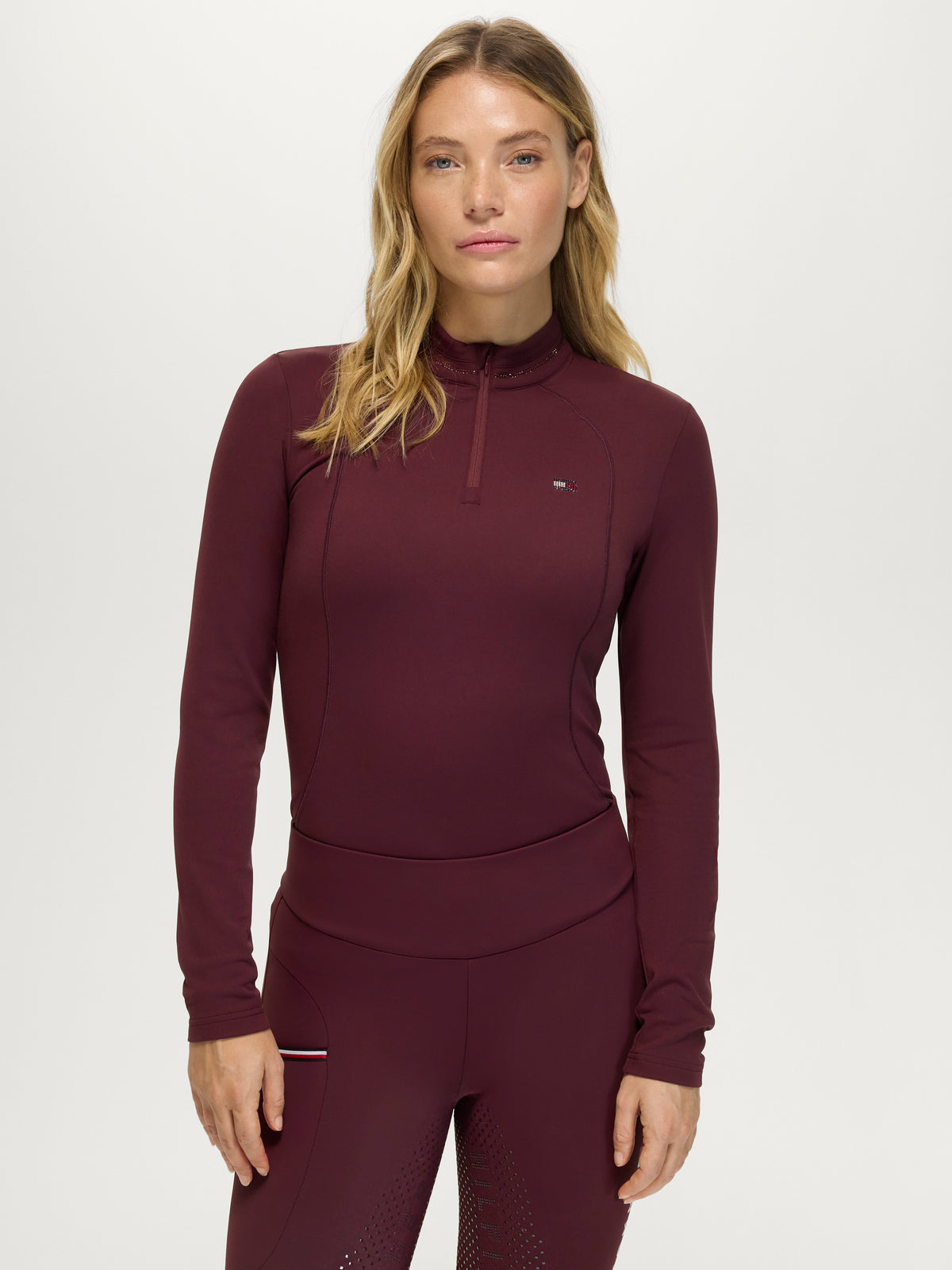 Cady Women 1/4 Zip Rhinestone Training Top DEEP BURGUNDY